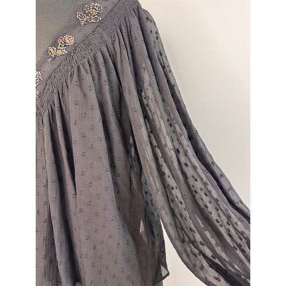 ZARA Black Blouse Floral Sheer Polka Dot Beaded Embroidered V-Neck Size Medium M - Picture 3 of 5